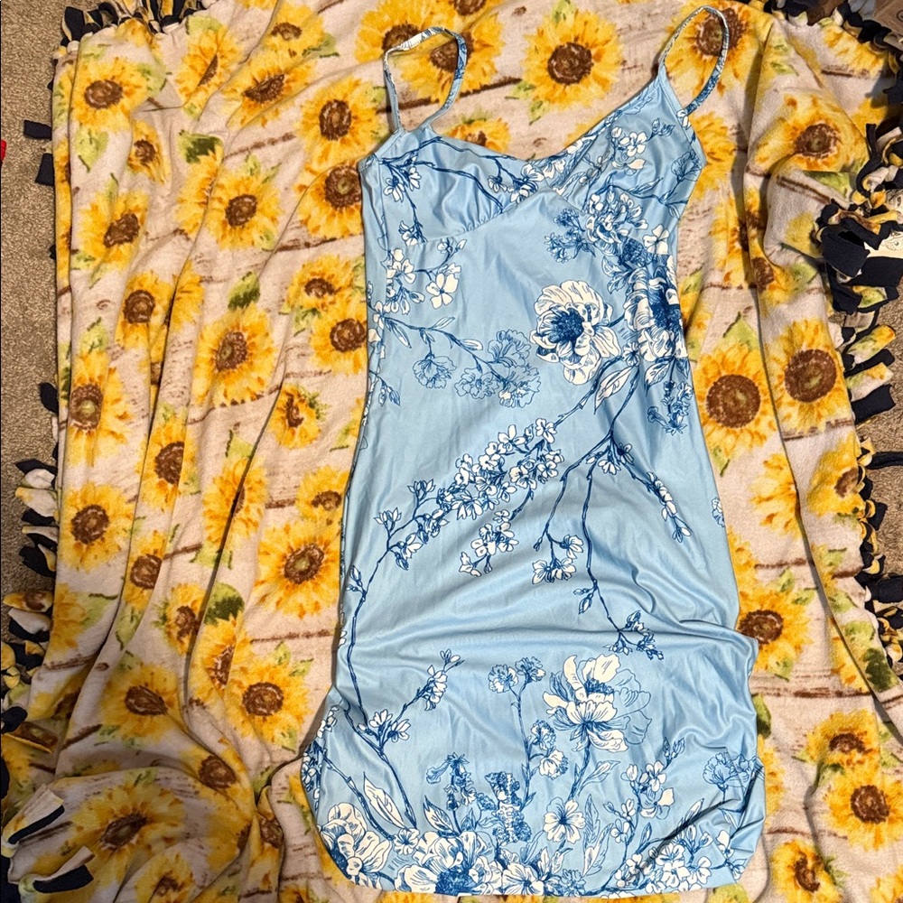 Light Blue Floral Long Slip Dress -